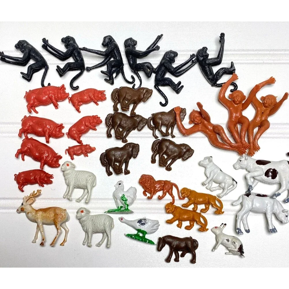 Vintage Hong Kong Miniature Mini Plastic Farm & Jungle Animals Lot of 34